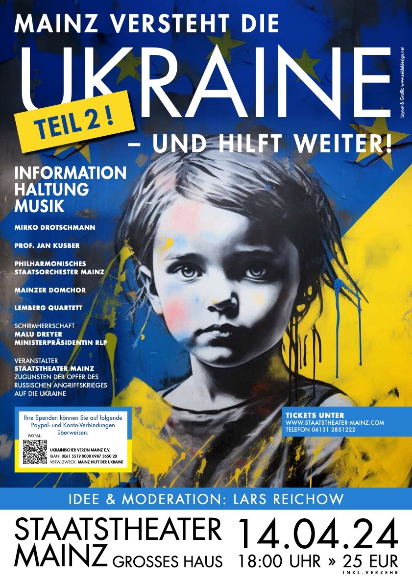 JETZT KARTEN RESERVIEREN: Benefizgala 'Mainz versteht die Ukraine – und hilft weiter!' am 14.4.2024 im @StaatstheaterMZ 👉 staatstheater-mainz.com/veranstaltunge… / Online-Tickets unter 👉 ticket.staatstheater-mainz.de/eventim.websho…