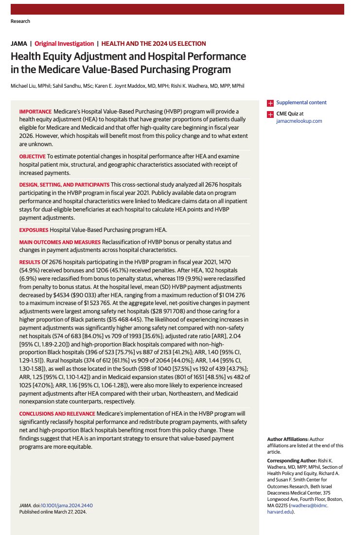 1/ Will @CMSGov's new Health Equity Adjustment finally help address the regressive nature of value-based 💰 programs? In @JAMA_current, we find that safety-net and ⬆️ proportion Black hospitals stand to benefit the most from this policy change. Link: jamanetwork.com/journals/jama/…