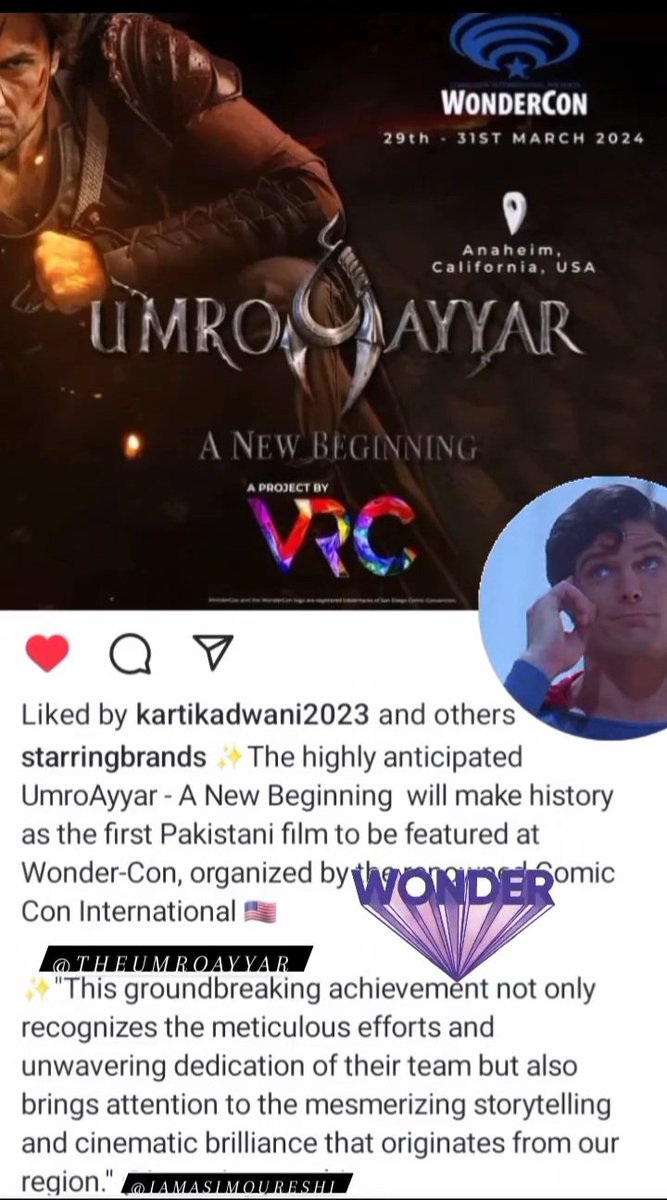 ✨The highly anticipated  'Umro Ayyar - A New Beginning'  will make history as the First Pakistani 🇵🇰film to be featured at Wonder-Con, organized by the renowned Comic Con International 🇺🇸

#UmroayyarANewBeginning #VRChiliProduction #TayyarHo #عمروعیار #WonderCon ✅