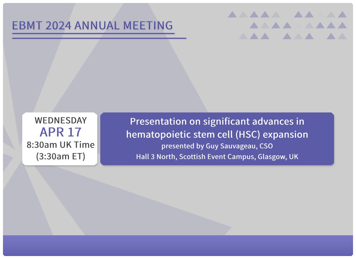 ExCellThera's Chief Scientific Officer, Guy Sauvageau, will present on advances of blood stem cell expansion using #UM171,  leading to impressive clinical results at #EBMT24 in Glasgow, Scotland. excellthera.com/news/excellthe…