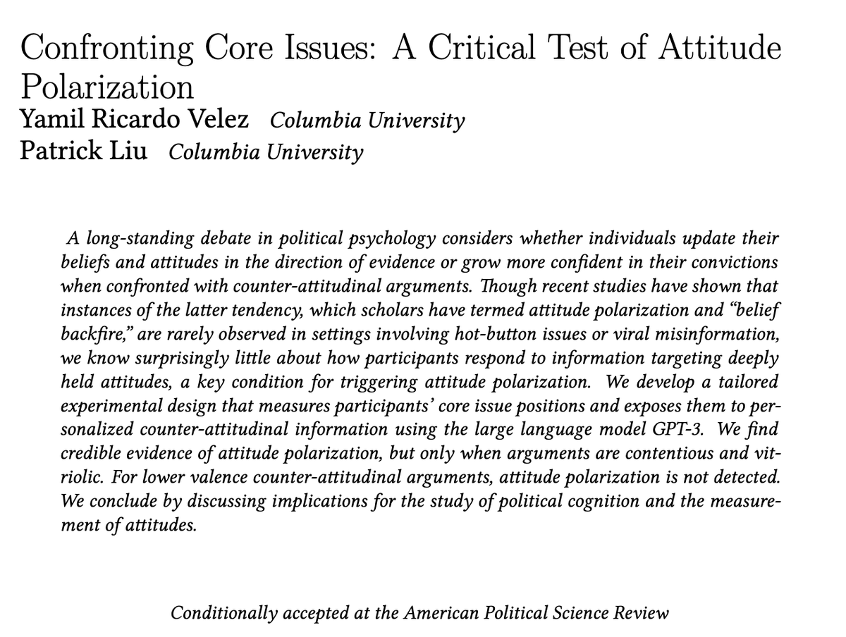 My paper with @patrickliu22 on attitude polarization has been conditionally accepted at the APSR. In it, we develop a novel design that uses AI to target 'core issues' on the fly. We unearth key scope conditions that we believe move the literature forward bit.ly/3VAoYtp