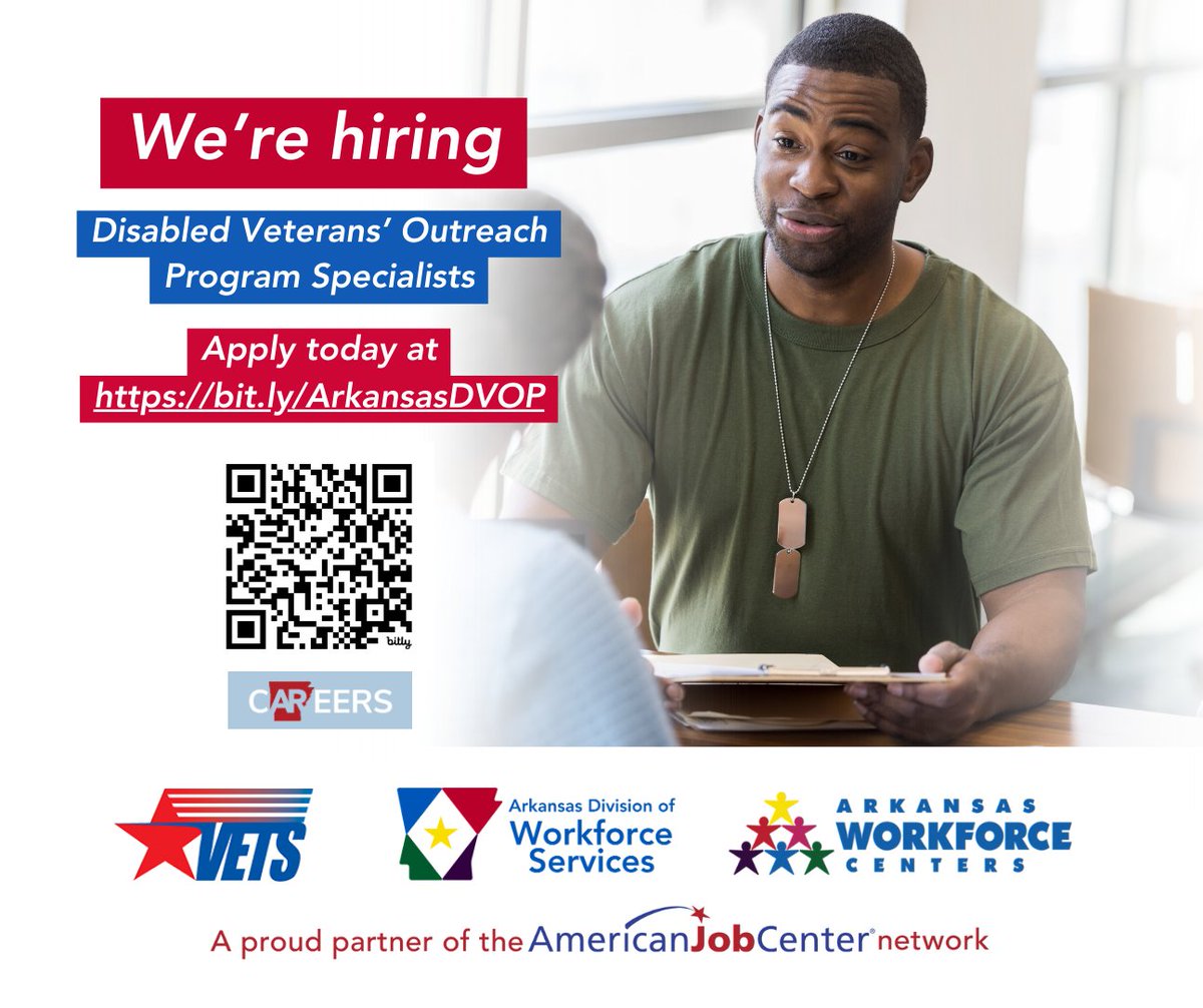 Are you a veteran or a veteran's spouse seeking a new career? We're currently looking to hire two Disabled Veterans' Outreach Program (DVOP) specialists in Little Rock. Apply now on ARCareers.arkansas.gov>>> bit.ly/ArkansasDVOP #Veterans #Hiring #jobseekers