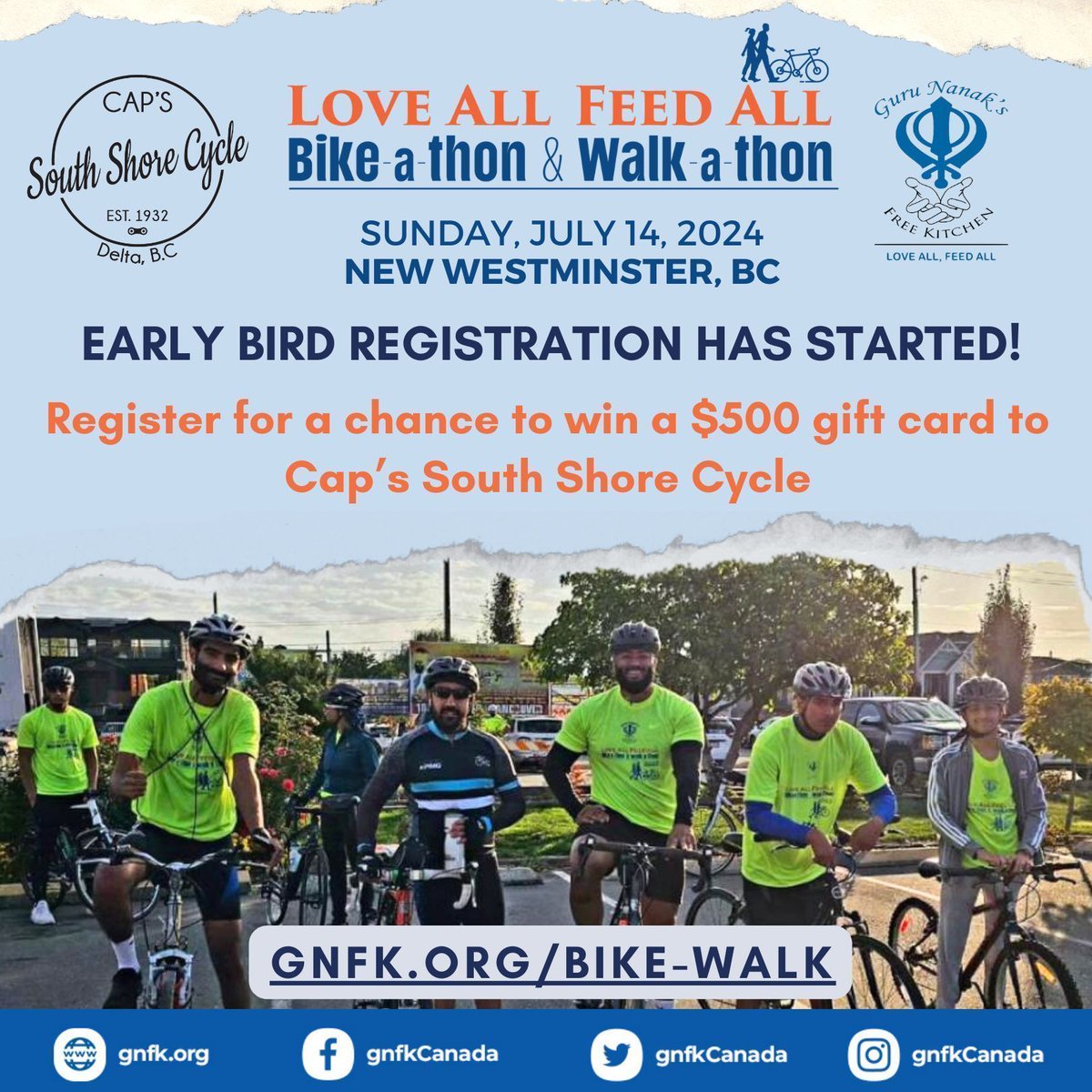 Early bird registration is open for our 4th Annual Bike and Walk-A-Thon! Register now to be entered into a draw for a $500 gift card at @CapsSouthShore! Go to gnfk.org/bike-walk or use the QR code below to join a team or sign up as an individual. #bikeathon #walkathon