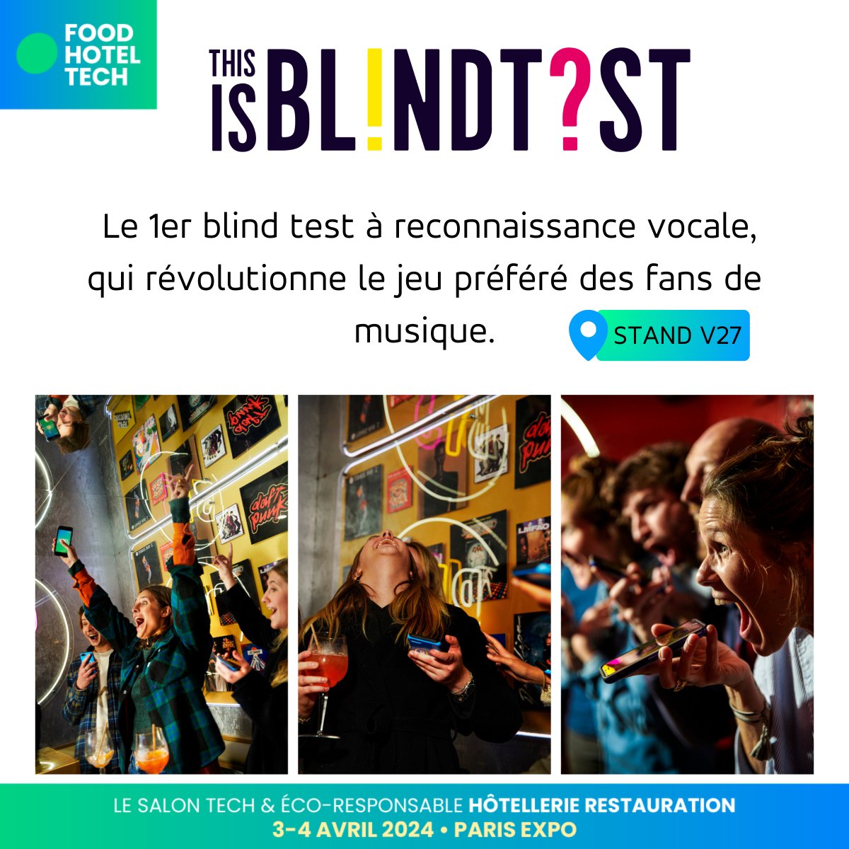 foodhoteltech's tweet photo. 📣Découvrez @thisisblindtest au salon @foodhoteltech !
#Thisisblindtest, le 1er #blindtest à #reconnaissancevocale, révolutionne le jeu préféré des fans de musique. 🎵
✅Plus de 200 établissements équipés en France.
#gaming #restauration #loisirsindoor #loisirs #hotellerie https://t.co/SfDxdQSw1l
