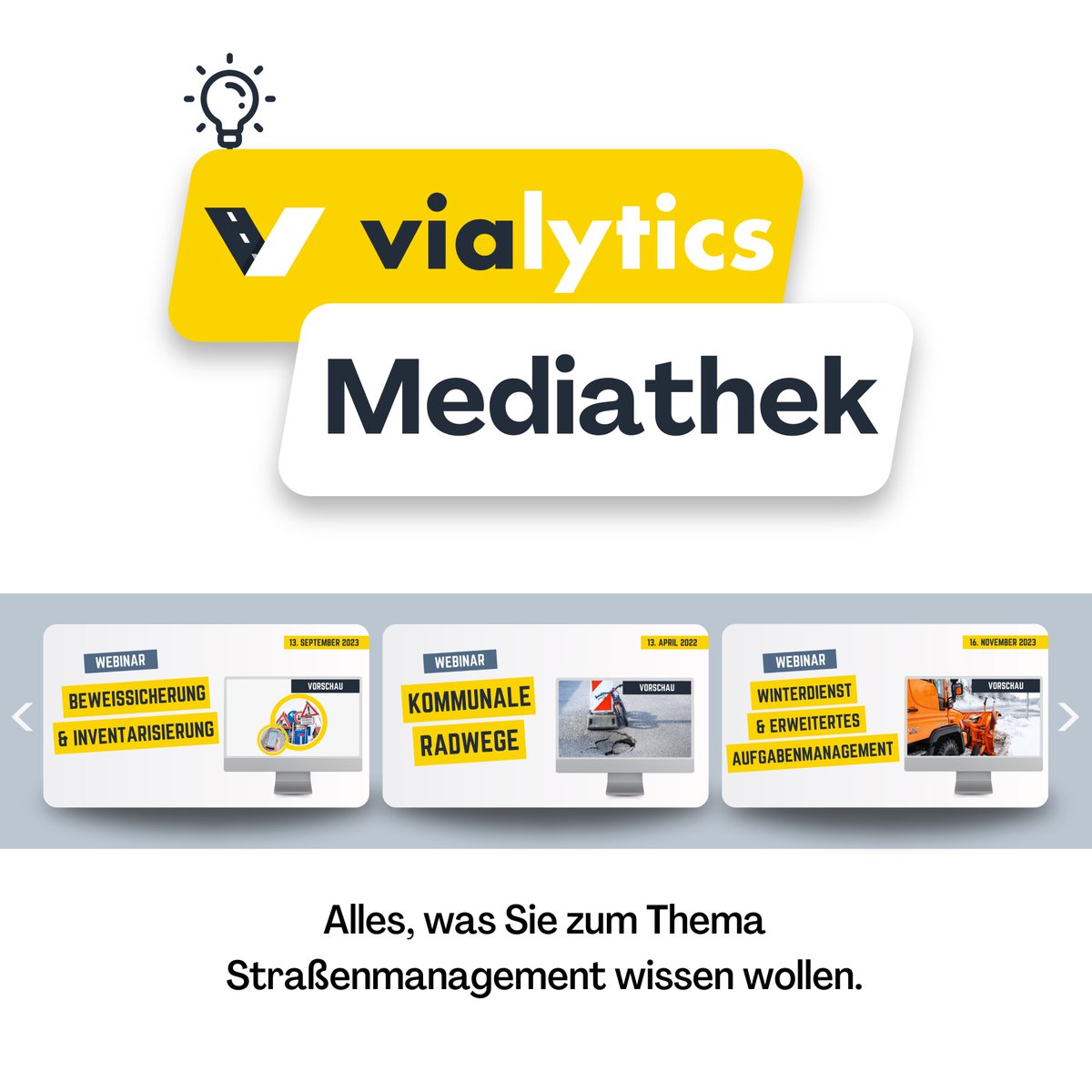NEU: Die vialytics Mediathek! 🎥
Erweitern Sie ihr Wissen rund um das Thema #Straßenmanagement! In der vialytics #Mediathek erwarten Sie informative #Webinaraufzeichnungen und #Videoinhalte, die Ihnen wertvolle Einblicke bieten.
 👉🏼 bit.ly/3TSPr3Z