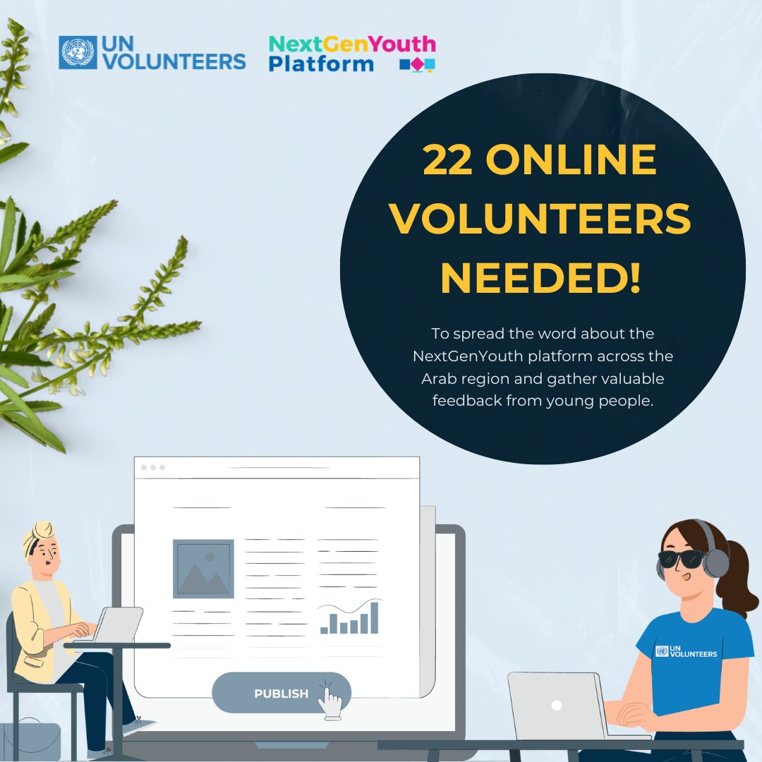 🔊Calling all those eager to volunteer online in the Arab region!

Become one of the 22 Online Volunteers to amplify the NextGenYouth platform's reach!

Apply by March 29th: app.unv.org/opportunities/…