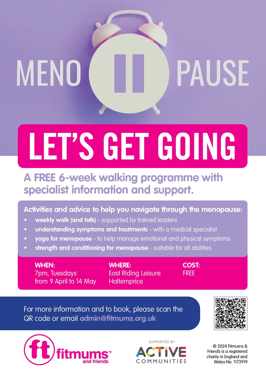 Are you dealing with #menopause symptoms? Our Let’s Get Going for Menopause programme can help: gentle weekly walks, specialist info & advice, strength & conditioning and yoga for menopause. 📅 7pm Tuesdays from 9 April 📌 @ERLeisure Haltemprice 💲 FREE Scan the QR code to book.