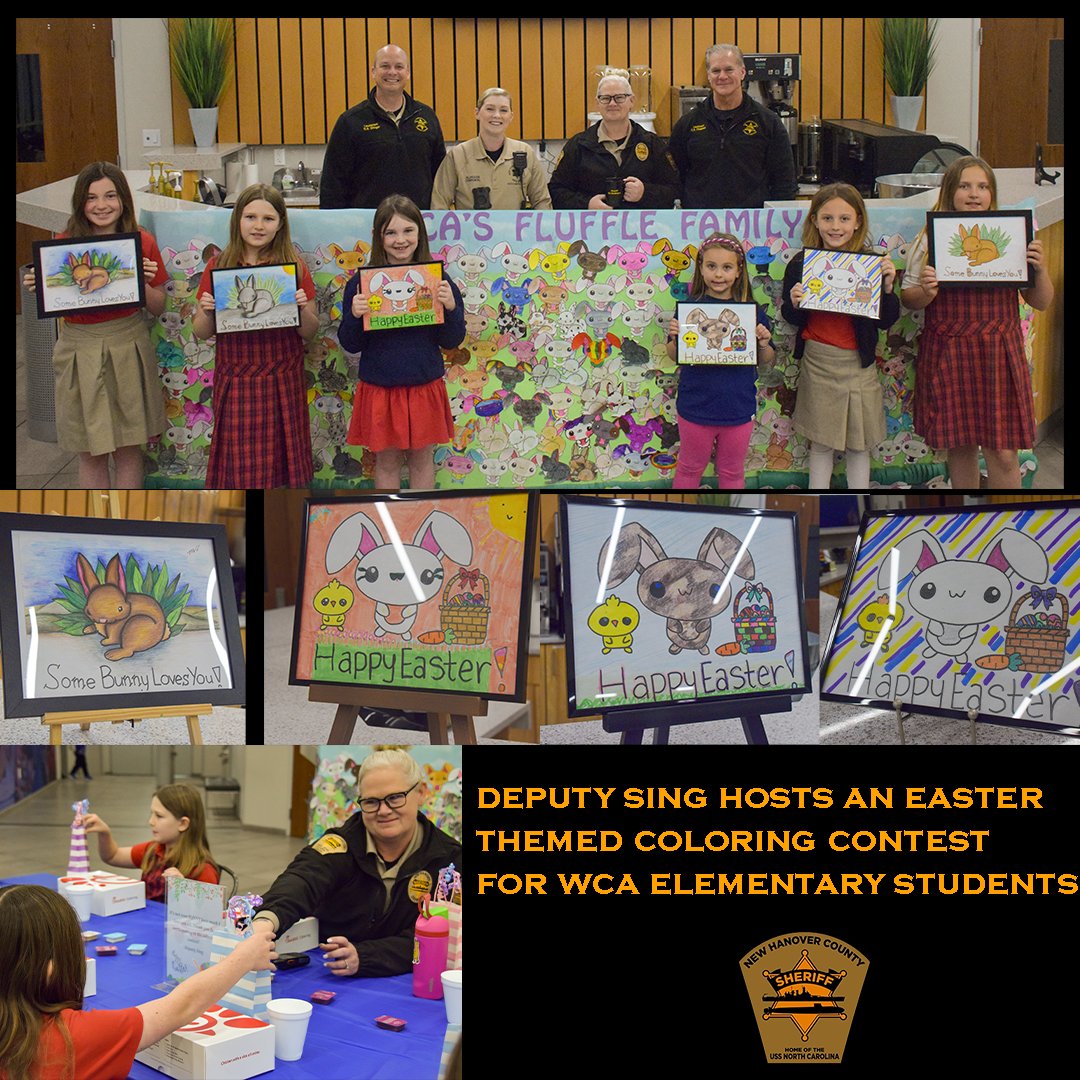 NewHanoverSO's tweet photo. 🐰🎨 Deputy Sing brought Easter joy to the elementary students at WCA with a colorful twist! Check out the highlights from the egg-citing coloring contest. Let's celebrate the students' creativity! 🌷

#NHSO #NHSOSRO #ILM #WilmingtonNC #EasterFun #ColoringContest #WCA https://t.co/SzNknPImuO