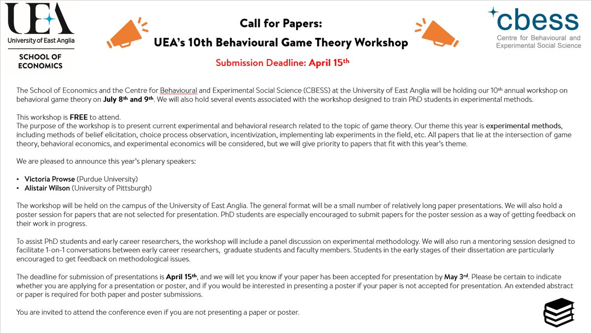 📢Call for Papers: UEA's 10th Behavioural Game Theory Workshop (July 8-9)

Submission deadline: April 15

If you would like to present a paper or poster, please submit here: lnkd.in/g-XBdXxD

For more information on the workshop, please visit lnkd.in/gNpKJV7T