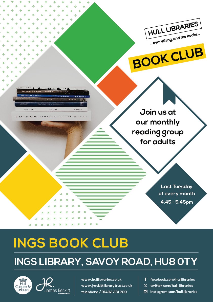 Ings Library, Savoy Road is holding a book club on the last Tues of every month, see below for details. Why not go along and enjoy. @Hullccnews @HCCEastarea