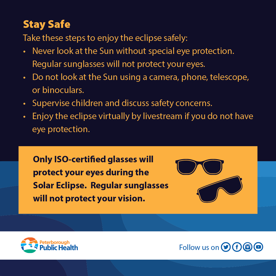 On April 8, between 2pm and 4:30pm, the Peterborough area will experience a partial solar eclipse. Protect your vision and enjoy this event safely by following these tips. @CityPtbo @PtboCounty @CurveLakeFN @HiawathaFN