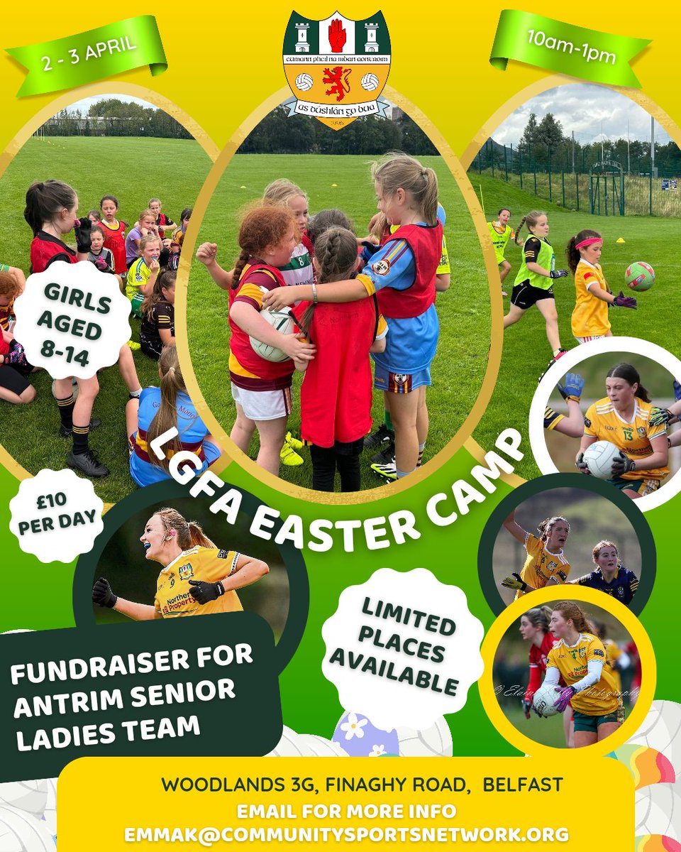 AntrimLGFA's tweet photo. By popular demand, the LGFA Girls Football Camp returns next week on Tuesday and Wednesday.

Places are limited and this camp will raise vital funds for our Ulster and All Ireland Championship campaigns.

Email Emma for more info but be quick, these places won't be here for long! https://t.co/0bsJXQvqkh