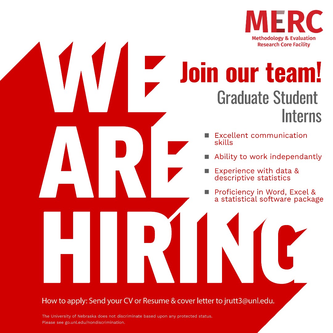📢 Join the MERC team this summer! Grad student interns needed to support applied evaluation projects (ag, college health, teams, gender surveys). go.unl.edu/n0vt