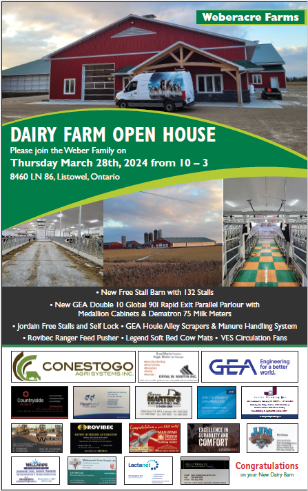 ConestogoAgri's tweet photo. ***𝐎𝐏𝐄𝐍 𝐇𝐎𝐔𝐒𝐄 𝐓𝐎𝐌𝐎𝐑𝐑𝐎𝐖!*** Join us Mar 28 10-3 at 𝐖𝐞𝐛𝐞𝐫𝐚𝐜𝐫𝐞 𝐅𝐚𝐫𝐦𝐬, 8460 Line 86, Listowel!
@GEA_farming, Rovibec, Legend Rubber, VES-Artex, Jourdain &amp; staff will be on site to answer any questions. Food &amp; bevs will be served. Hope to see you there! https://t.co/OwndVy62QO