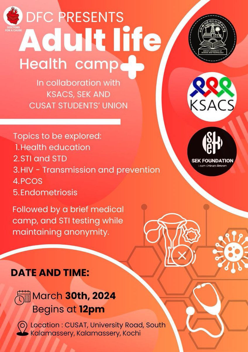 We invite all to the 'Adult Life Health Camp' where we explore various topics ranging from health education to PCOS. 

Join us at CUSAT campus, Kalamassery on 30 march 2024 at 12 p.m. 

#IndiaFightsHIVandSTI #LetCommunitiesLead #ksacs #naco #UseCondom #KnowtheFacts #SaferIsSexy