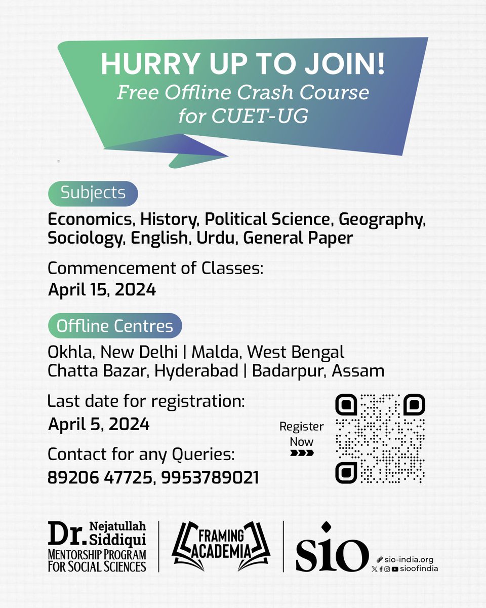sioindia's tweet photo. Free Offline Crash Course for CUET-UG

Subjects: 
Economics, History, Political Science, Geography, Sociology, English, Urdu, General Paper

👉🏽 Register Now:
https://t.co/6s8gDXCo7V https://t.co/wHdweXneEB