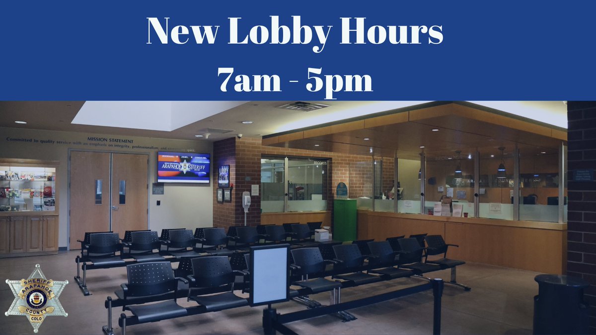 ***NEW LOBBY HOURS*** Beginning April 1, the lobby at the Arapahoe County Sheriff's Office Headquarters Building at 13101 E. Broncos Pkwy. will be open from 7:00 a.m. to 5:00 p.m. Monday through Friday. Please visit our website at arapahoesheriff.org to learn more about the…