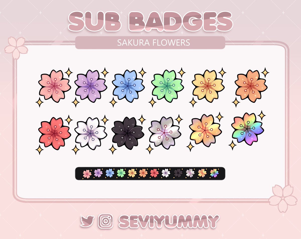 🌸  Sakura Flowers🌸
Pre-made sets of sub badges for Twitch!

🌸$5 usd the whole set ^^🌸

You can find these and more here:
✨ etsy.com/shop/SeviYummy

✨ ko-fi.com/seviyummy/shop