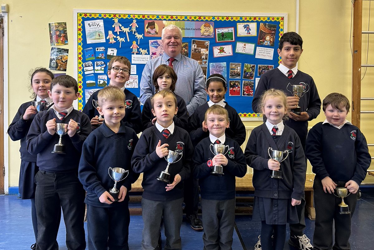 downpatrickps's tweet photo. The Endeavour Cup winners were presented with their cups at a special school assembly.
The cups are awarded every term to a child in each class who has made a special effort across the curriculum and has contributed positively to school life. https://t.co/C3yHOidKHc