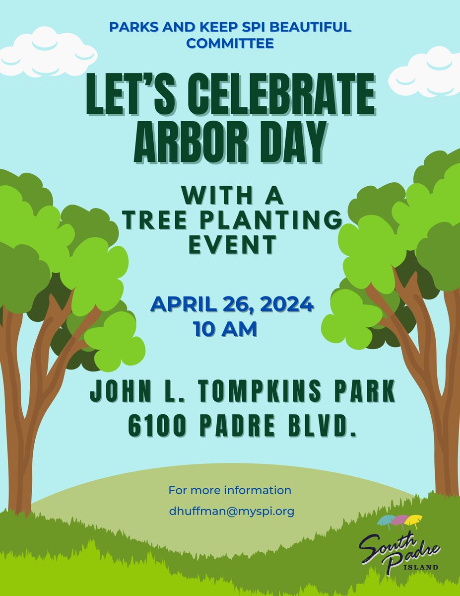 Any plans to plant? Join us tomorrow for the annual Arbor Day celebration at John L. Tompkins Park and help plant some trees! Date: 04-26-24 at 10:00 am at John L. Tompkins at 6100 Padre Blvd. Questions? Contact Parks & Recreation Manager Debbie Huffman at dhuffman@myspi.org.
