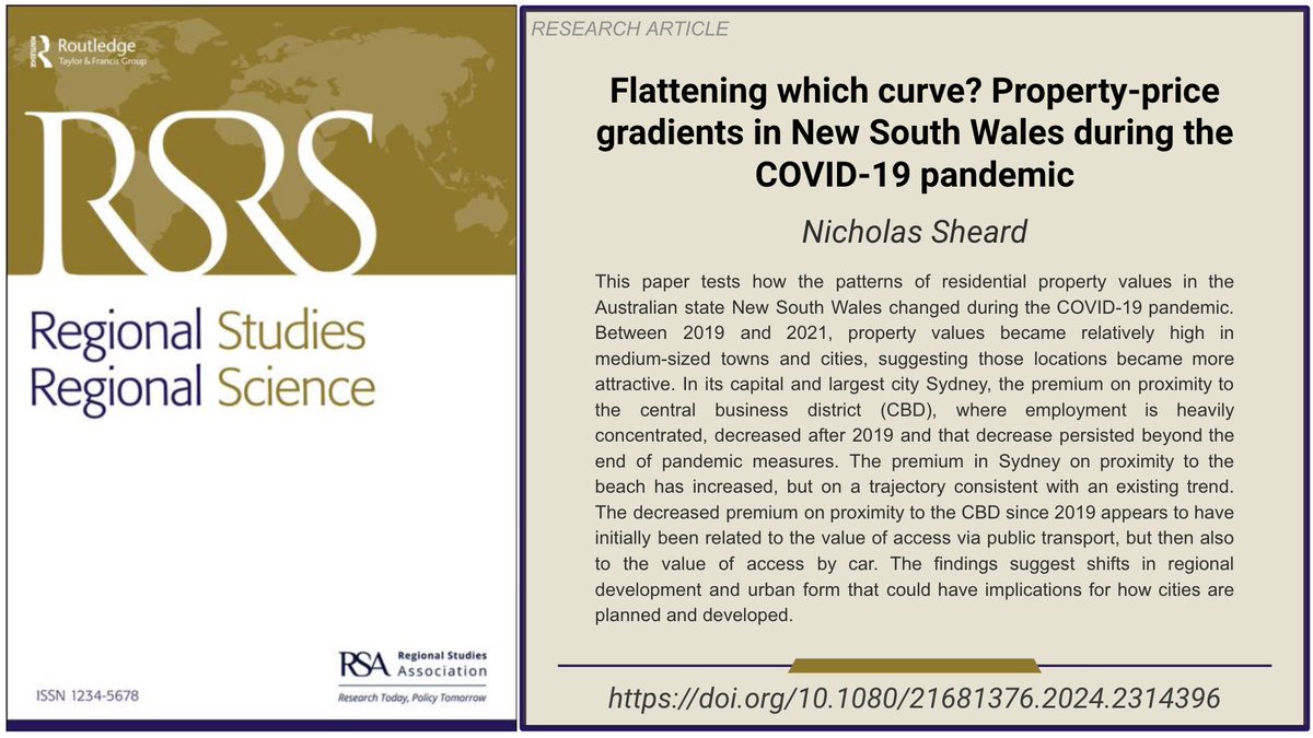 📊New research work by Nicholas Sheard from the Centre of Policy Studies (COPS) @victoriauninews in @RSRS_OA 'Flattening which curve? Property-price gradients in New South Wales during the COVID-19 pandemic' Available in #OpenAccess doi.org/10.1080/216813…