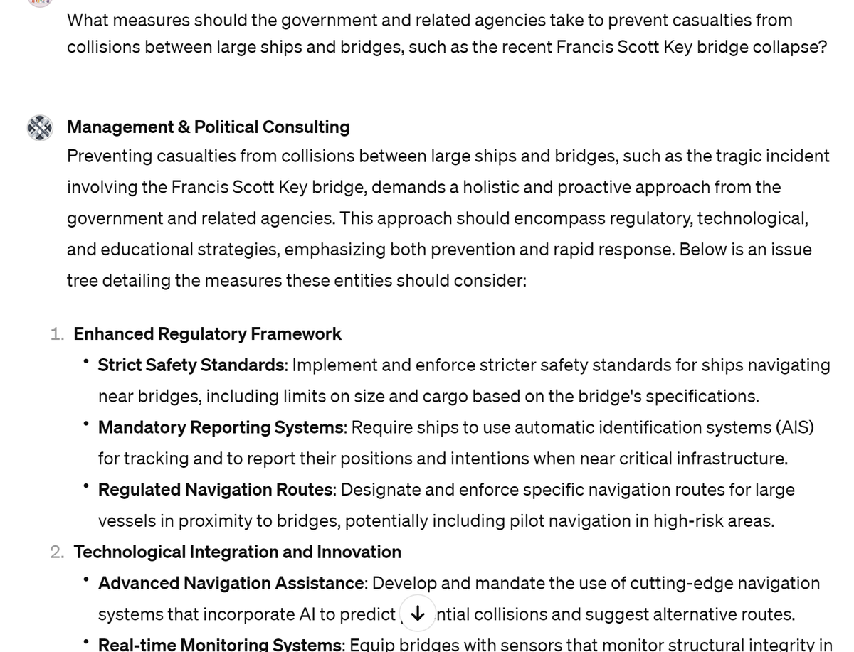 consulting_gpt's tweet photo. "What measures should the government and related agencies take to prevent casualties from collisions between large ships and bridges, such as the recent Francis Scott Key bridge collapse?" 
MP Consulting's answer is.. 
#FrancisScottKeyBridge https://t.co/OQ0CdSJvWe