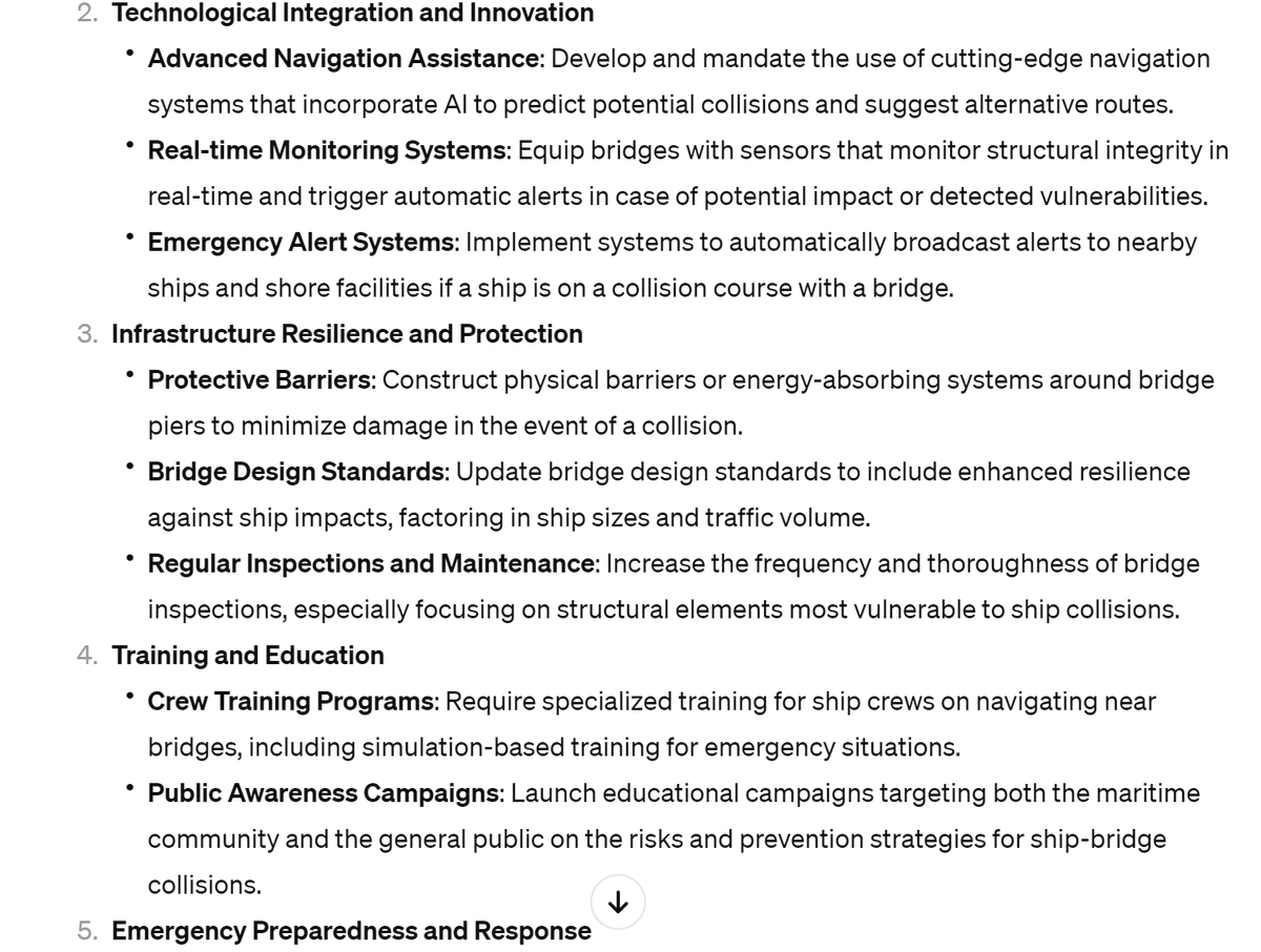 consulting_gpt's tweet photo. "What measures should the government and related agencies take to prevent casualties from collisions between large ships and bridges, such as the recent Francis Scott Key bridge collapse?" 
MP Consulting's answer is.. 
#FrancisScottKeyBridge https://t.co/OQ0CdSJvWe