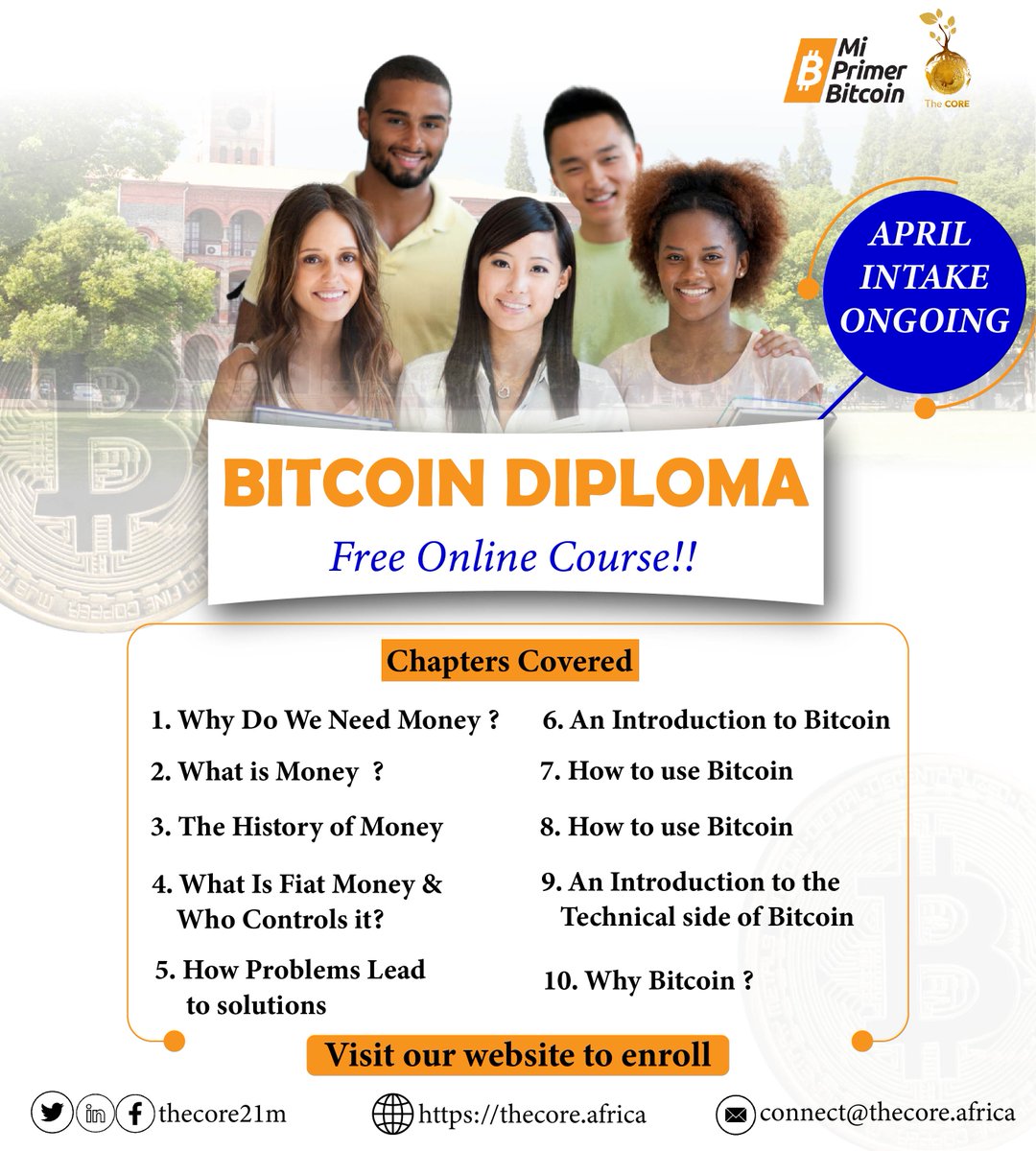 We are pleased to announce that the April intake for the #Bitcoin Diploma has officially started. Additionally, we are excited to introduce the latest edition of the #Bitcoin diploma by @MyfirstBitcoin_  to our 3rd Cohort. To register, click the link below
thecore.africa/student-regist…