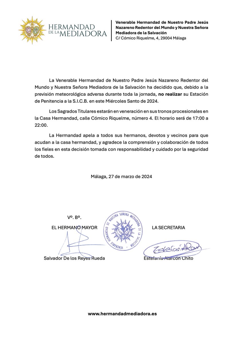 HdadMediadora's tweet photo. Información oficial referente a la decisión adoptada por la junta de gobierno respecto a la Estación de Penitencia del Miércoles Santo 2O24. https://t.co/s3J44zfyPt