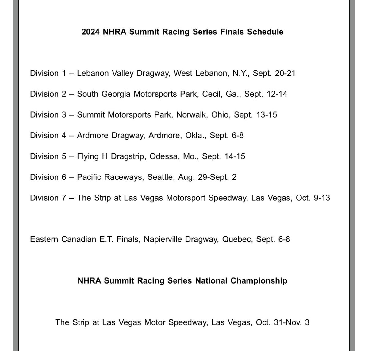 A chance to race for a national championship in Las Vegas is again on the line for competitors in the NHRA Summit Racing Series - as the 2024 Summit E.T. Series scheduled was announced today. 👀🙌🏼 For more information visit nhra.com/sportsman.