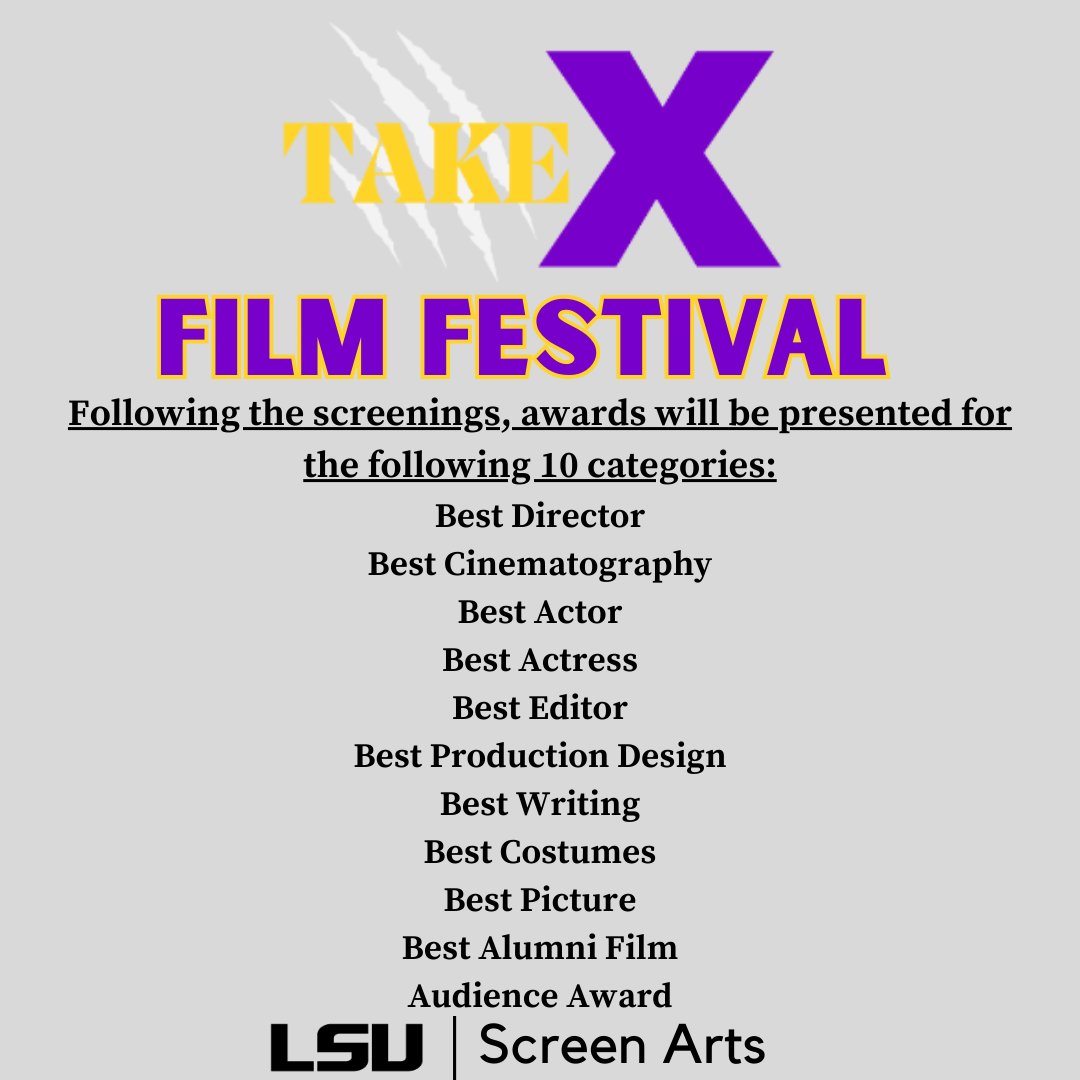 LSUScreenArts's tweet image. Interested in submitting your film for a chance to be featured in the Take X Film Festival? Use the link in our bio! #geauxSCRN