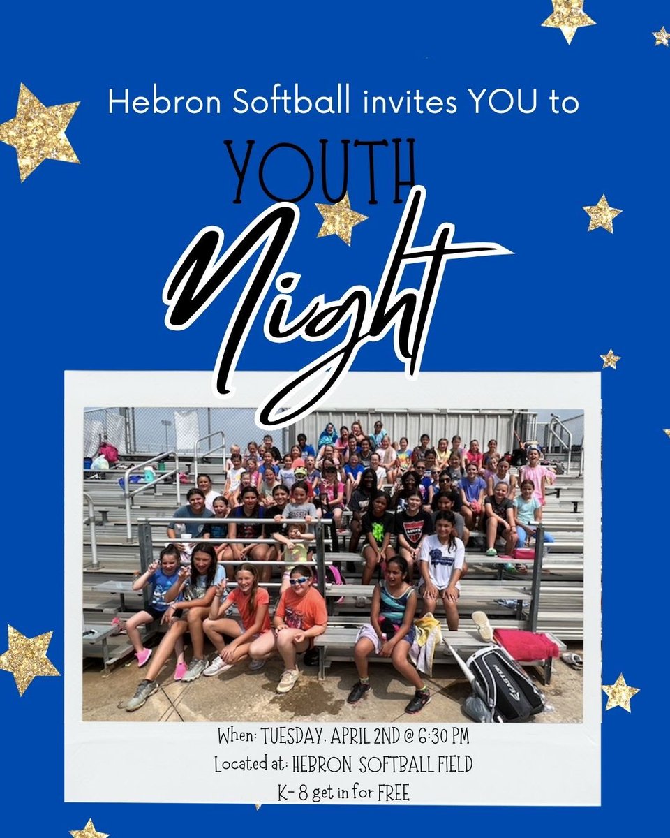 🚨Hebron Softball’s rescheduled Youth Night is TUESDAY, APRIL 2nd @ 6:30PM🚨 We would like to show our appreciation to all of our future softball players🥎 All students ages K-8 are allowed FREE entry. However, any parents attending will need to purchase a ticket! See you there