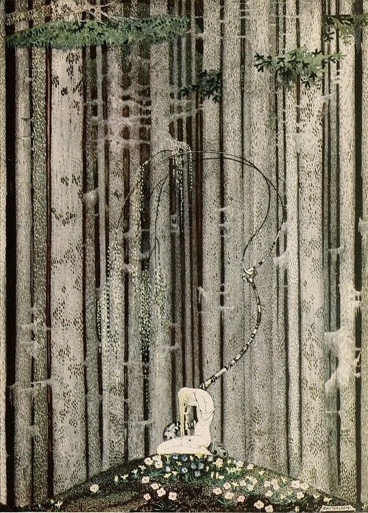 A few of the many beautiful Kay Nielsen illustrations for East of the Sun and West of the Moon (1914), a book of Norwegian fairytales. See more illustrations, and read the stories, here: publicdomainreview.org/collection/eas…