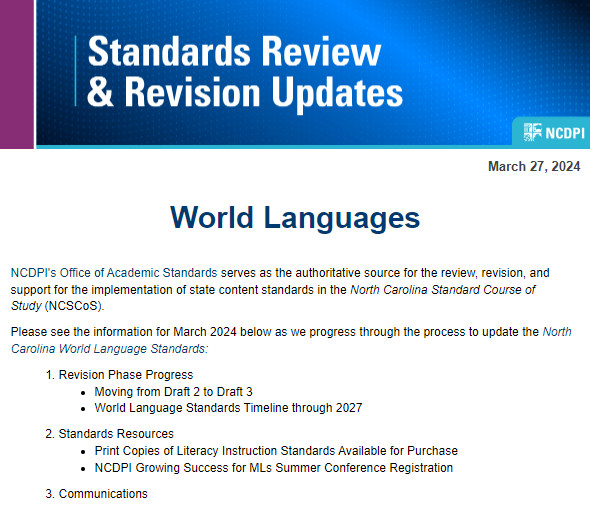 March's @ncpublicschools #NCWLstandards #SettingTheStandard news is at content.govdelivery.com/accounts/NCSBE… and it has info on moving from Draft 2 to Draft 3 and the timeline to 2027 plus standards resources from @NCDPIELATEAM and the @NCDPI_MLs Summer Conference @FLANC_WorldLang