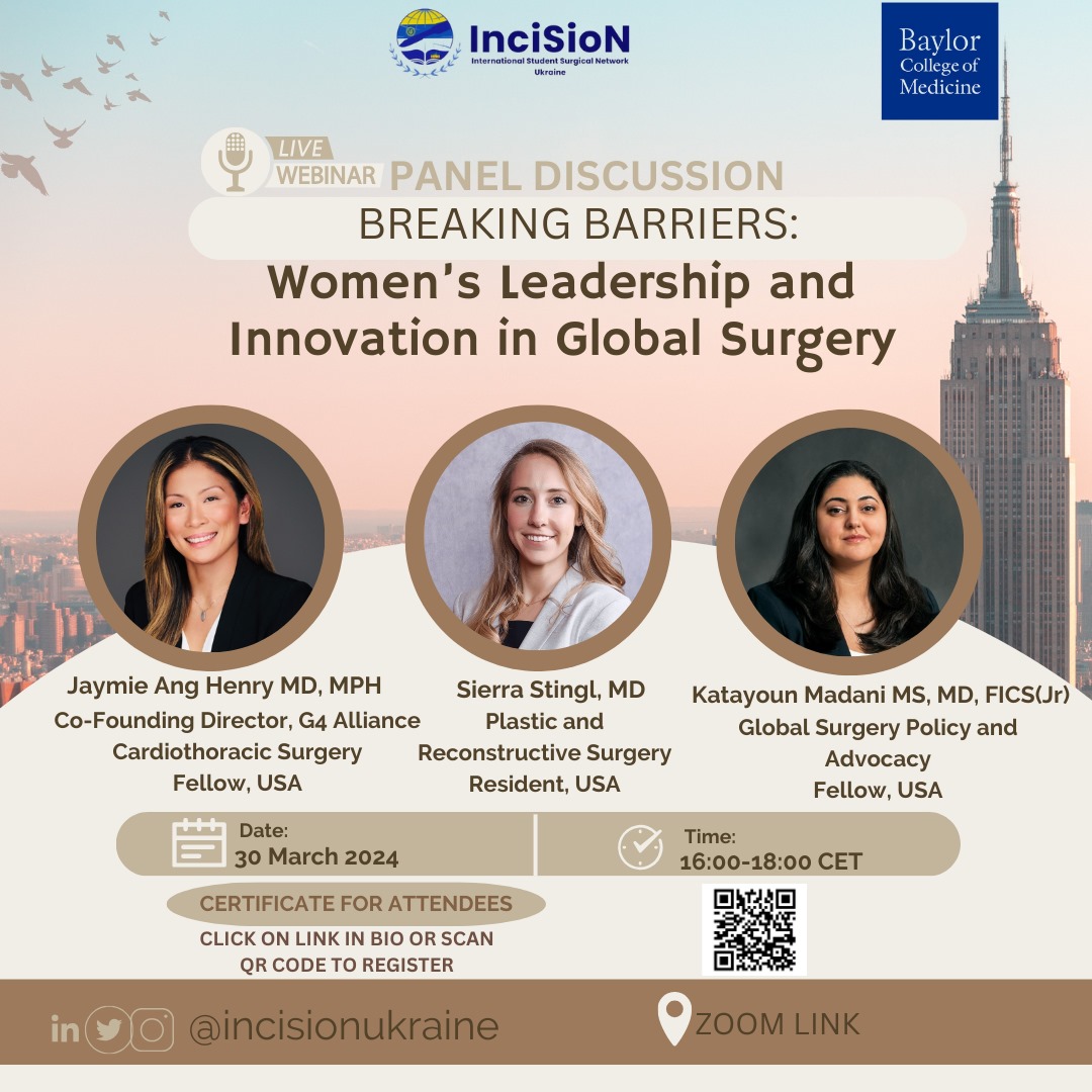 Thank you for your invaluable support in promoting our event! 

We're eagerly anticipating its unfolding, now featuring three trailblazing figures in global surgery: @JaymieClaire, @csstingl and @smkaty.

#WomenInGlobalSurgery #InciSioNUkraine #globalsurgery
#Leadership