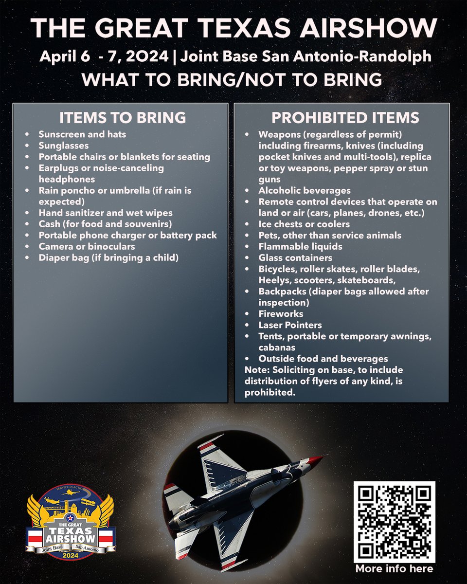 🎉✈️ The Great Texas Airshow draws near! 🛩️🌟 Check out the attached flyers for details on performers, suggested items to bring, and important info on prohibited items. We can't wait to have you join us! See you there! #GreatTexasAirshow