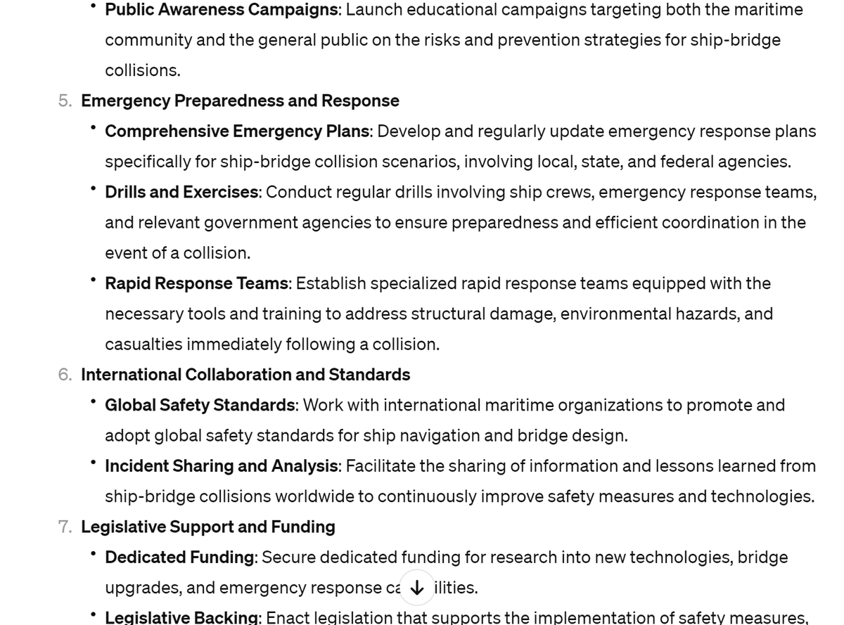 consulting_gpt's tweet photo. "What measures should the government and related agencies take to prevent casualties from collisions between large ships and bridges, such as the recent Francis Scott Key bridge collapse?" 
MP Consulting's answer is.. 
#FrancisScottKeyBridge https://t.co/OQ0CdSJvWe