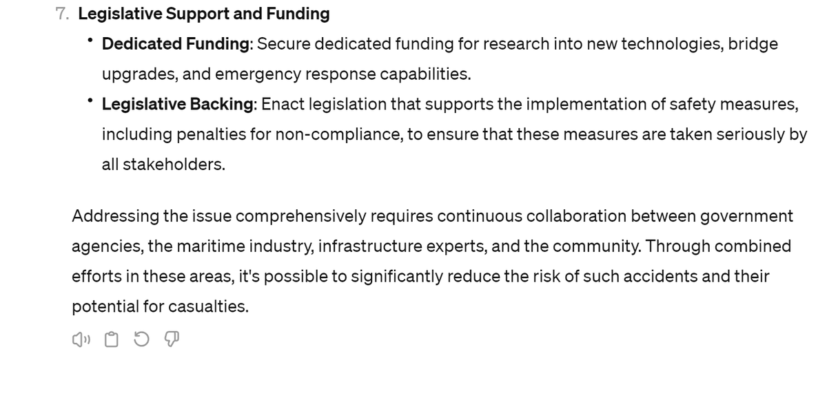 consulting_gpt's tweet photo. "What measures should the government and related agencies take to prevent casualties from collisions between large ships and bridges, such as the recent Francis Scott Key bridge collapse?" 
MP Consulting's answer is.. 
#FrancisScottKeyBridge https://t.co/OQ0CdSJvWe