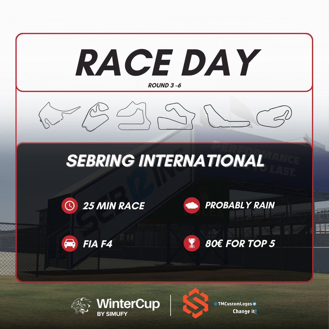 WinterCup 2024 🏁

ROUND 3!
Ecuador del campeonato y nos vamos a sebring con el F4, aguantará <a href="/mrk146/">Marc Pérez</a> el P1 general?

22:00 CET 
 twitch.tv/rinconracingtv