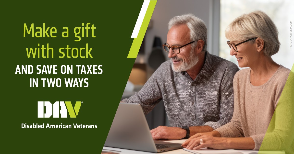 DAVHQ's tweet photo. Did you know that when you make a gift to DAV with stock, you save on capital gain taxes and get a full charitable income tax deduction for the value of your stock? Get the details here: https://t.co/EztIJmn88s. #DAVPlanMyGift #IHelpVeterans https://t.co/RJ56CUavpK