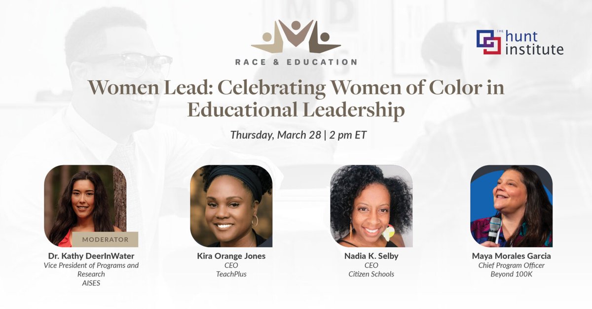 Excited to hear from Dr. Kathy DeerInWater, @KOJTeachPlus, Nadia K. Selby, and Maya Morales Garcia tomorrow during a #RaceAndEducation webinar that celebrate women of color in educational leadership!

Register here to attend: ow.ly/oMcz50QUg3G