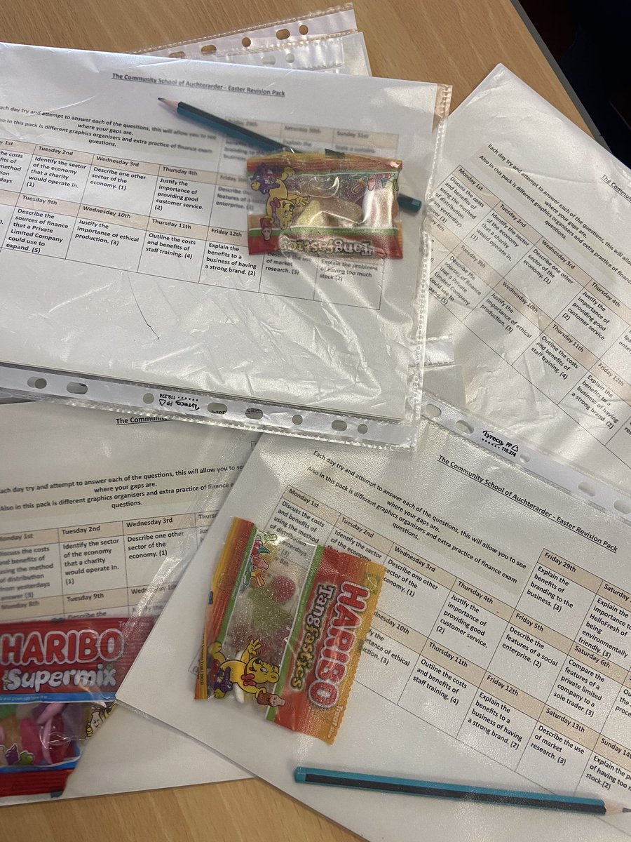 TCSoABusTech's tweet image. Nearly 40 Easter Revision packs made up for National 5 Business pupils. It includes a question a day, a graphic organiser for each unit, pencil and something sweet to keep them motivated! See you all at Easter School! 🌟