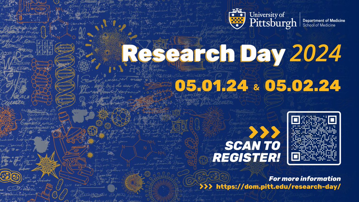 Have you registered yet for this year's Department of Medicine Research Day? 🔬

👉🏽event.fourwaves.com/researchday202… to register today!

For more information about this year's event: dom.pitt.edu/research-day/.

#DOMResearchDay2024 👩🏽‍🔬
