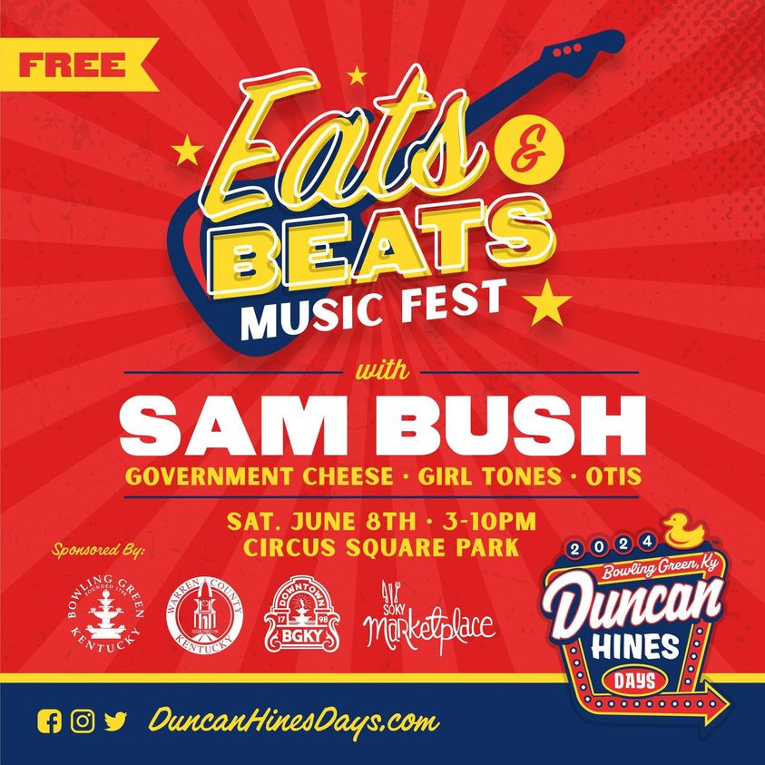 We’re very pleased to announce that Otis will be playing the Eats & Beats Music Fest during @duncanhinesdays in @CityofBGKY on June 8th! The Lineup Sam Bush @GovCheeseBand @GirlTones @OtisBand It’s a free festival with VIP Tickets at sokymarketplace.simpletix.com
