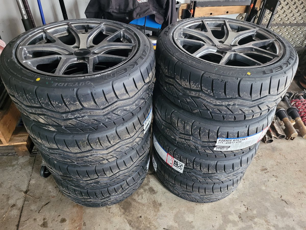 First race is only a month away, got all the new rubber ready to go! #ldrc #racing #mazda #mazdaspeed #protege5 #turbo #mechaniclife #letsgoracing #fastwheels #falkentires