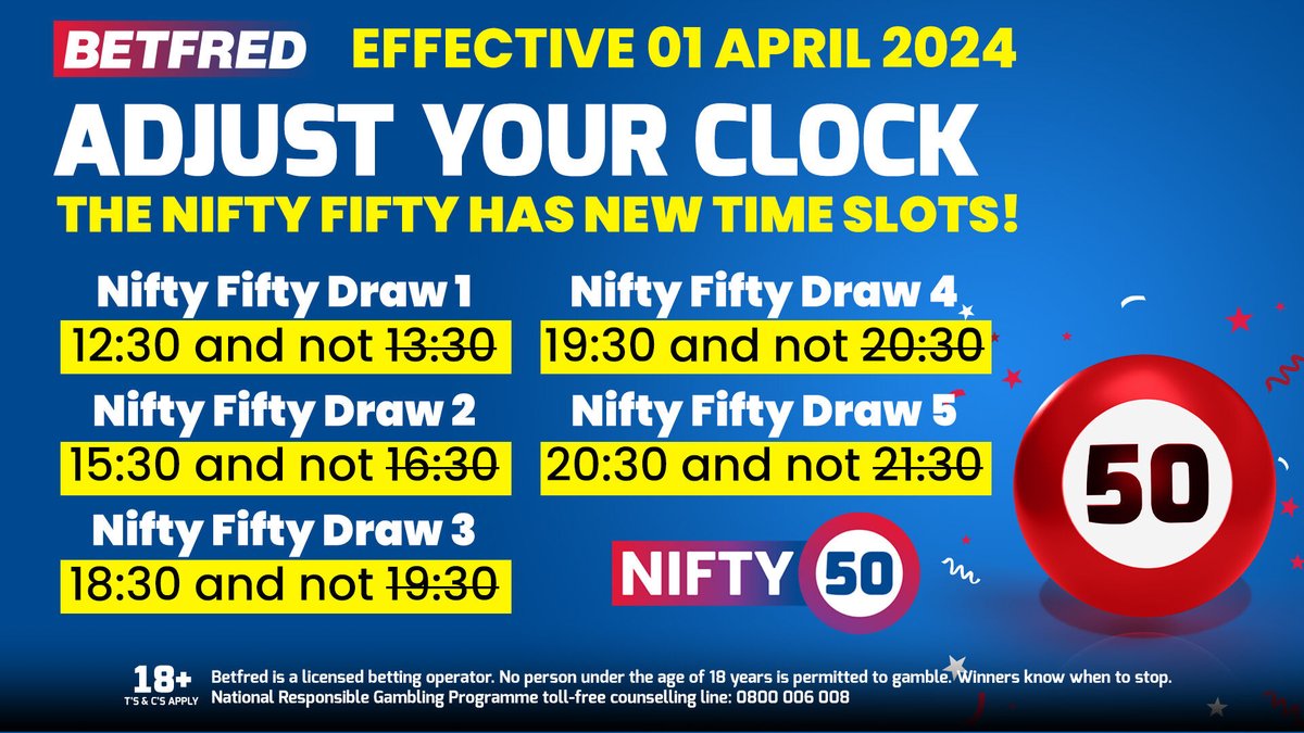 Betfred_sa's tweet image. Lottery fans, big news! Nifty Fifty's draw times are switching up. Make sure to check in so you don't miss out! 🕒🍀 #NiftyFifty #LotteryUpdate #DrawTimeChange