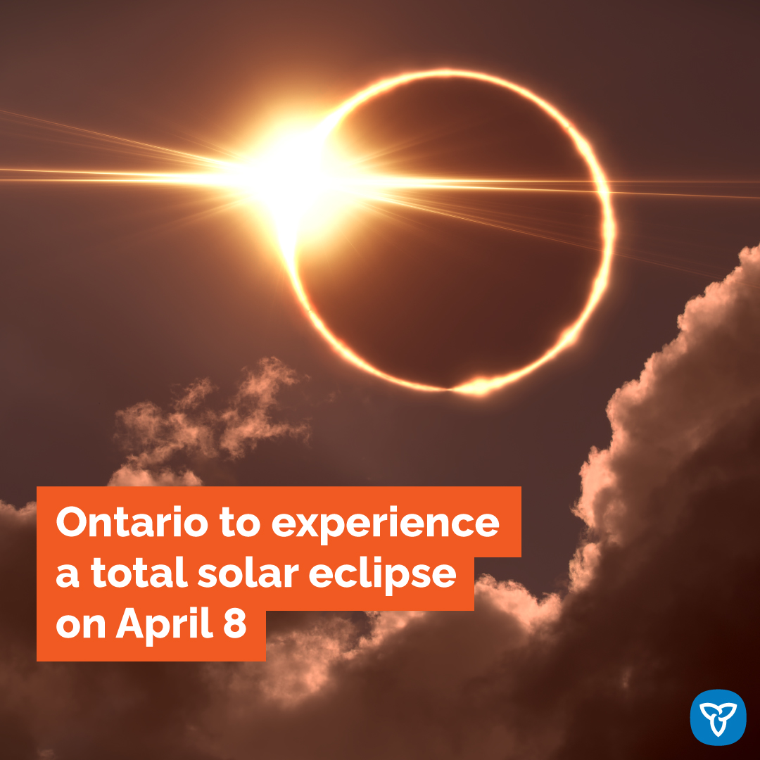 Mark your calendars!

On April 8, some parts of Ontario will experience a #TotalSolarEclipse between 2:00-4:30 p.m., lasting up to 3 minutes depending on your location.

It is not safe to look at the sun without proper and undamaged eye protection during the eclipse.