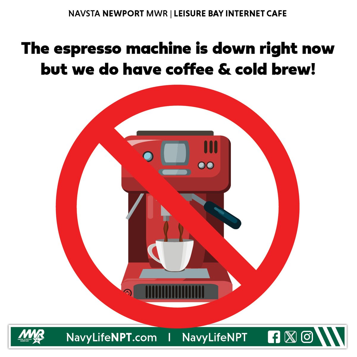 NavyLifeNPT's tweet image. Unfortunately, the espresso machine is down right but you can still purchase coffee and cold brews.

We will update once a technician fixes it.

#NavyLifeNPT #espressomachine