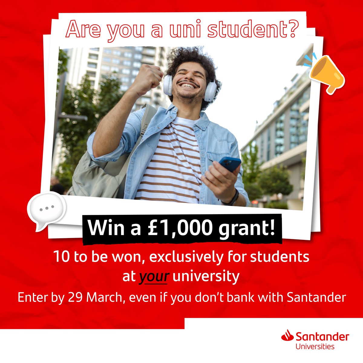 Calling all #TeamUofG students! 📣 Last chance to enter. 🚨

We’re giving away 10 Brighter Futures Grants of £1000 in partnership with Santander Universities.

Apply before 29 March for your chance to win!

Find out more ➡️ gla.ac/485VhmB

#SanUniBFG24