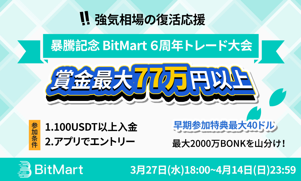 BitMartJP's tweet photo. \#BitMar 6周年トレード大会開催🎉/
🗓️登録期間:3/27(水) 18:00 ~ 4/14(日) 23:59
🗓️大会期間:3/31(日) 09:00 ~ 4/14(日) 23:59
▶️エントリー:https://t.co/UDtoJ2GVr9
✅パートナーご招待のお客様特典アリ
🔽新規登録してから
https://t.co/6GkkO7af0k
🎯特典センターで最大$3,000相当をGet!
#暗号通貨 #トレード #仮想通貨
#ビットコイン現物ETF #ビットコイン
#BitMart6thAnniversary